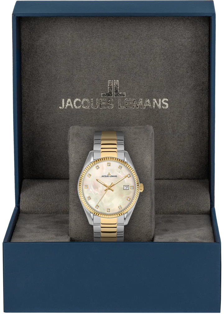 Jacques Lemans Derby 50-4L - Elegante Damen Quarzuhr IP-Gold Bicolor mit Perlmutt