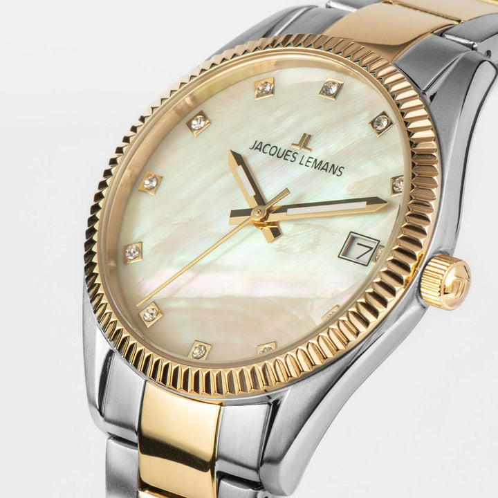 Jacques Lemans Derby 50-4L - Elegante Damen Quarzuhr IP-Gold Bicolor mit Perlmutt