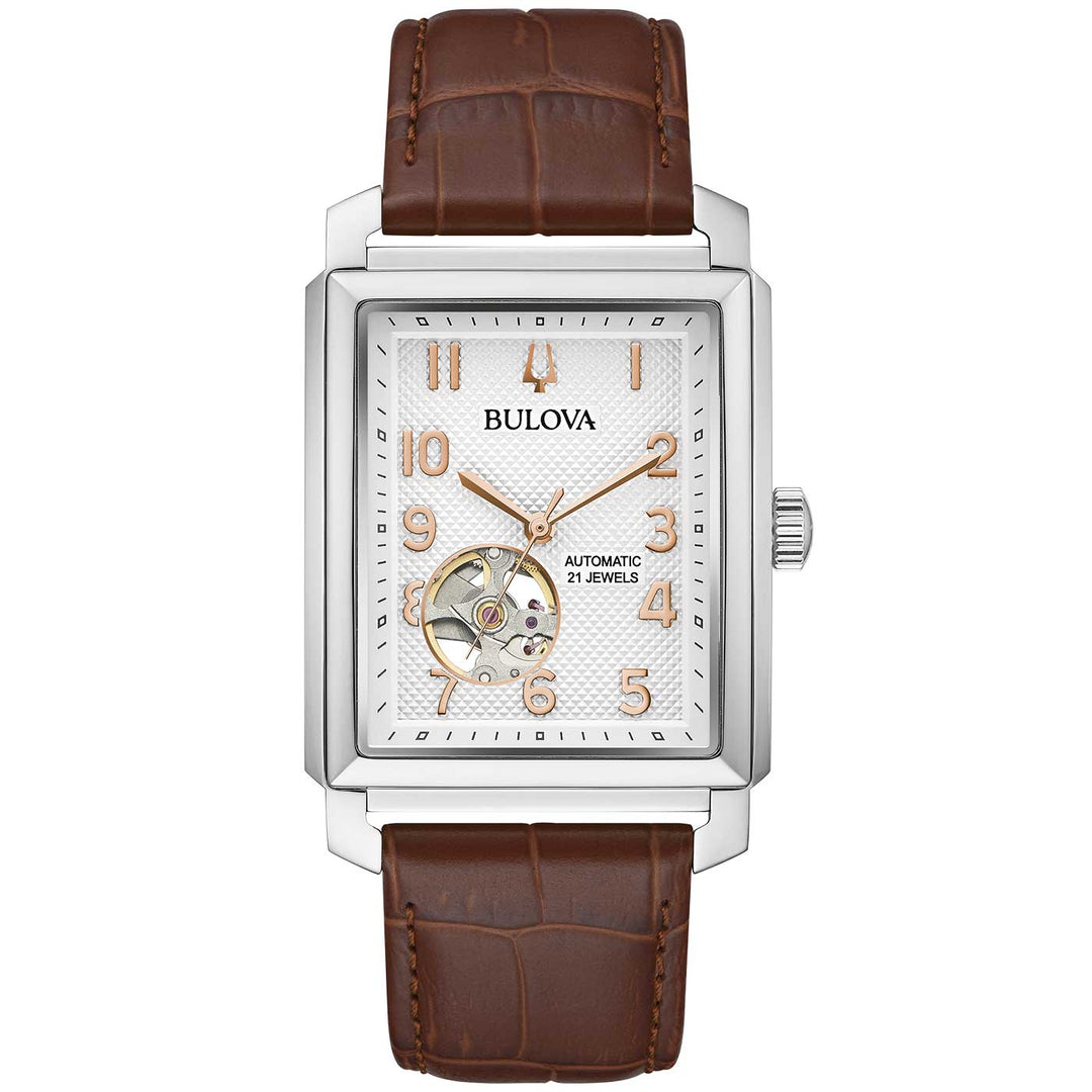 Bulova Sutton 96A268 Automatik - Rechteckige Herrenuhr mit Glasboden & Roségold
