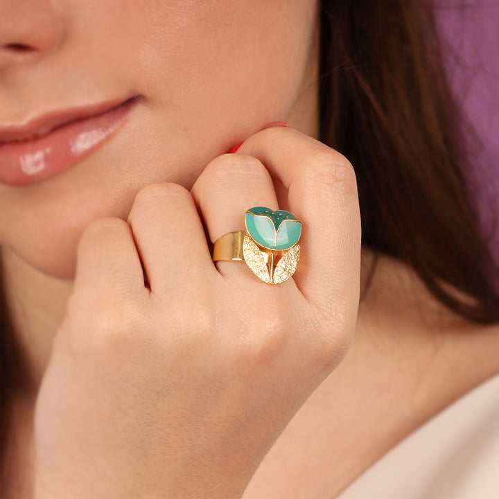 Taratata Ring Crocus - Handbemaltes Blumenmotiv türkis | Modeschmuck