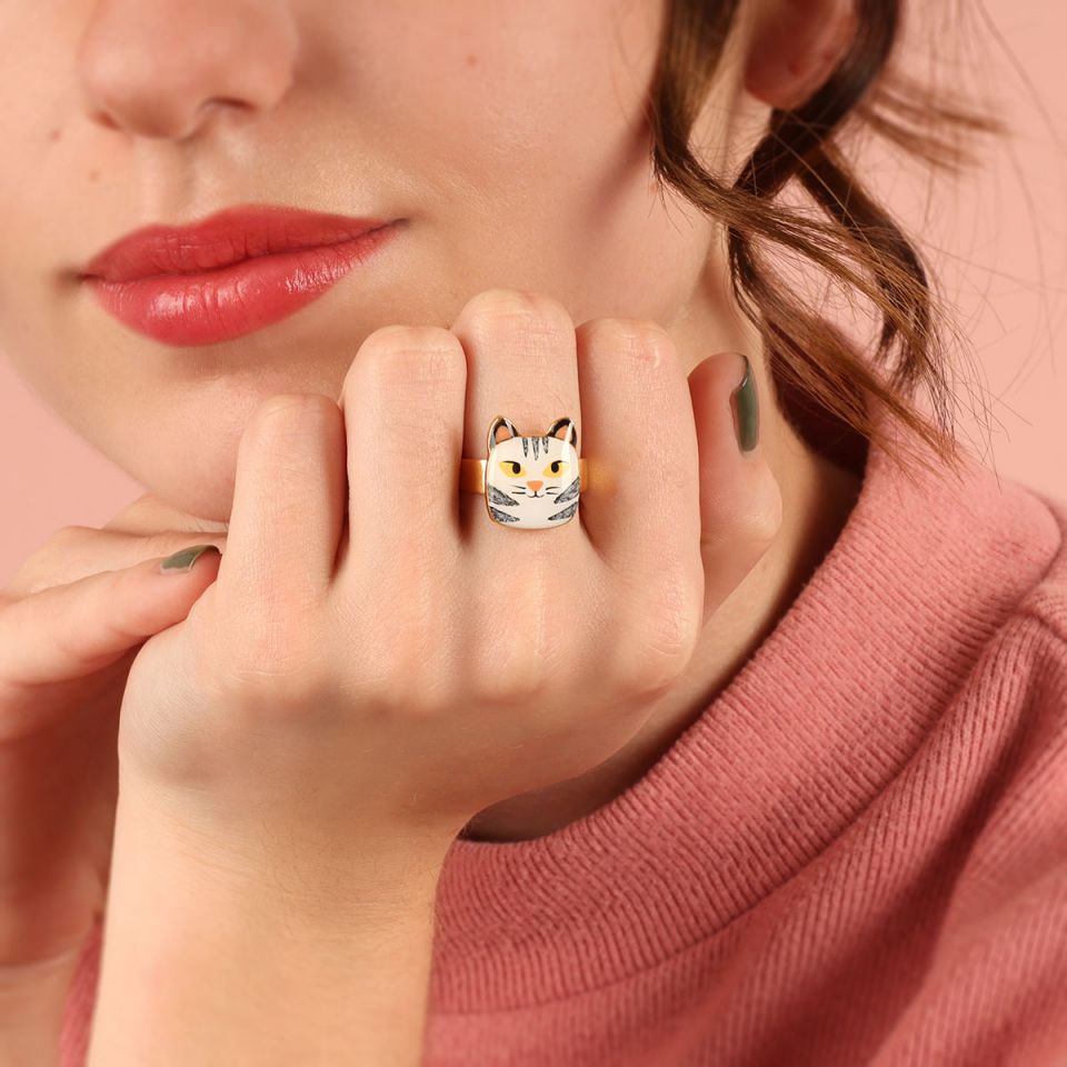 Taratata Ring Billy - Modeschmuck Katzensymbol, bunte Harze