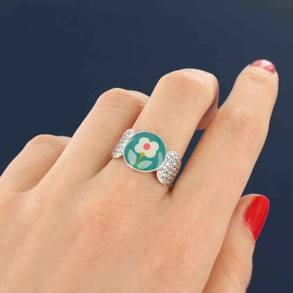 Taratata Ring Tweed - Modeschmuck mit Blumenmotiv, Türkis