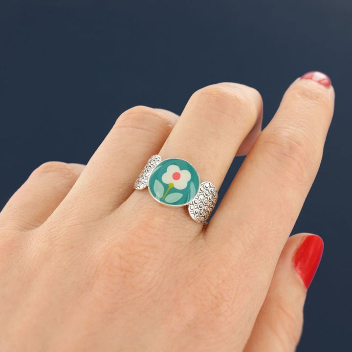 Taratata Ring Tweed - Modeschmuck mit Blumenmotiv, Türkis
